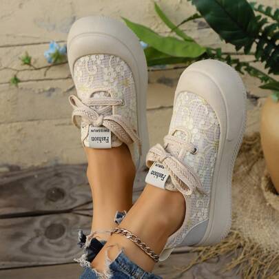 Scarpe in tessuto traspiranti e confortevoli di colore unito, misure conformi, scarpe da ginnastica casual in rete beige con suola spessa, scarpe como