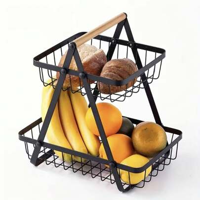 1 Pezzo Cesto Da Frutta E Verdura Da Banco, Stoccaggio A Forma Di Ciotola Staccabile, Maniglia Di Legno Per La Conservazione Della Freschezza, Usato P