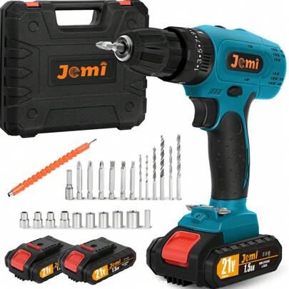 Trapano a percussione a batteria Jemi 21V con 25+3 livelli di coppia, regolazione a 2 velocità, mandrino autoserrante, batteria al litio ricaricabile
