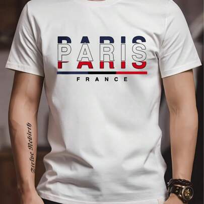 T-shirt bianca da uomo con scritta Paris France, t-shirt da uomo con scollo rotondo, 220 g/m², per l'estate, in puro cotone, maniche corte (1 pezzo)