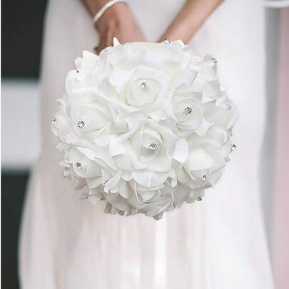 1 Mazzo di fiori da sposa elegante, profumo da sposa in fiori artificiali, profumo da damigella con rose bianche e ortensie, cristalli finti e perle,