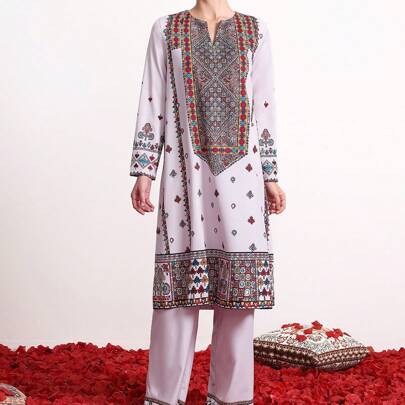 Set di kurtis a maniche lunghe con stampa floreale per donna