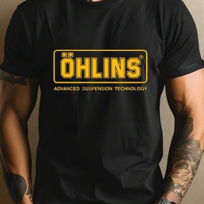 T-shirt da uomo con logo Öhlins e stile tecnico, t-shirt da uomo girocollo, 220 g/m², per l'estate, in puro cotone, maniche corte (1 pezzo)