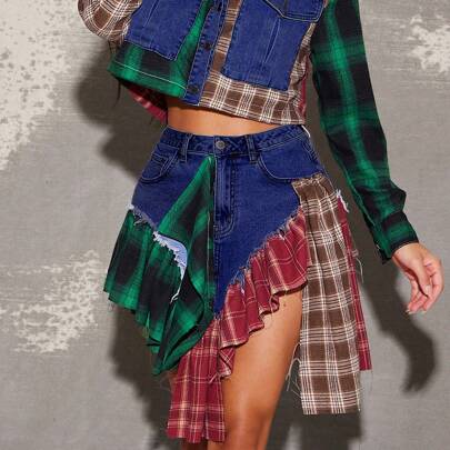 Gonna di jeans con fantasia scozzese, fodera interna, adatta a festival, rodeo, Coachella, concerti country, stile cowgirl, Nashville per donne