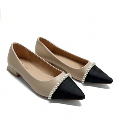 Scarpe casual da donna con punta affusolata e decorazione di perle finte, slip-on