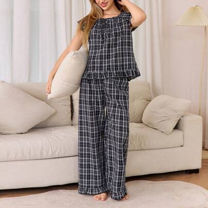 2 pezzi Set pigiama da donna con colletto Peter Pan a quadri