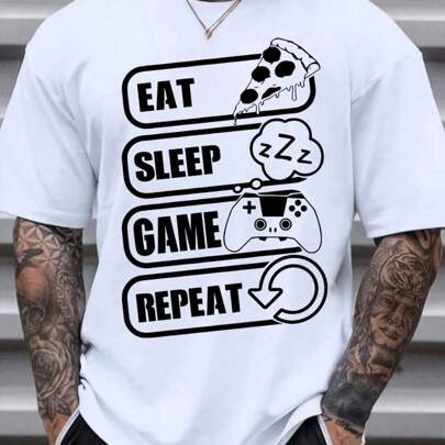 Eat Sleep Game Repeat SVG, Gamer svg, Video Game svg T-shirt con stampa alla moda, T-shirt da uomo 180g nuova estate casual girocollo pesante in puro
