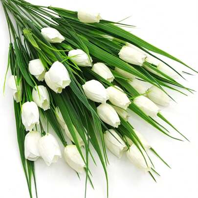 8 mazzi di tulipani artificiali, fiori finti resistenti ai raggi UV, piante verdi in plastica sintetica, arbusti per la casa, il giardino, la veranda,