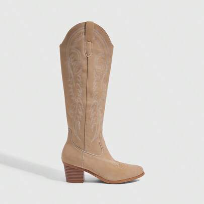 Stivali overknee di moda da cowgirl con ricami da donna in taglia curvy, novità primavera/autunno 2025