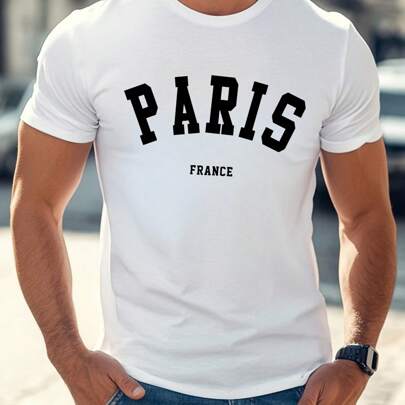Maglietta bianca con la scritta Paris France. T-shirt casual da uomo a girocollo, in puro cotone, 220 g/m², maniche corte (1 pezzo)