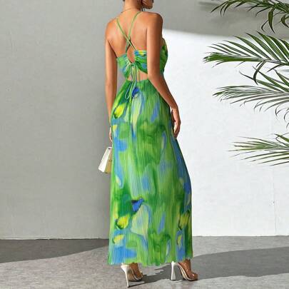 Abito lungo donna a crochet con spalline incrociate e laccio in vita, abito lungo con stampa floreale, vestito lungo per vacanze, abito lungo plissett