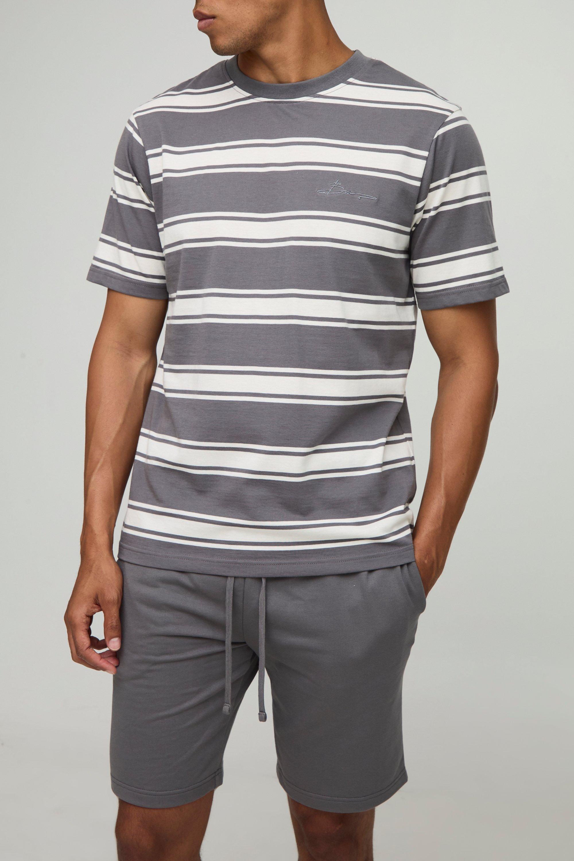 BM Signature Relaxed Striped T-Shirt and Shorts Set, Grigio