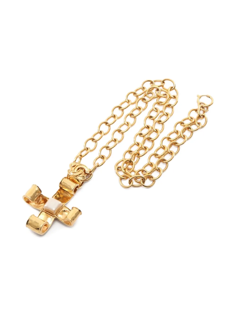 CHANEL Pre-Owned 1986-1988 cross pearl necklace - Oro