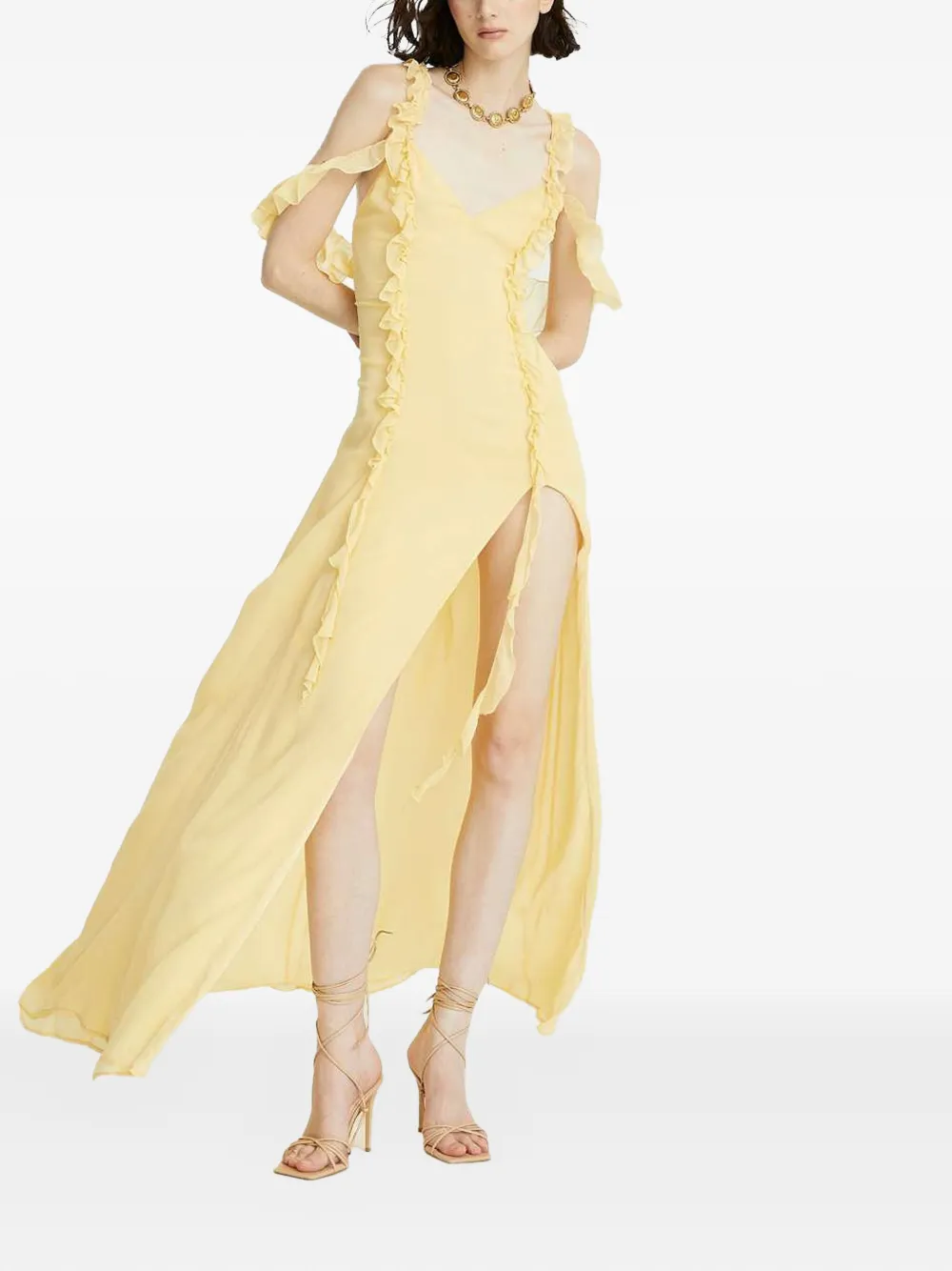 Celeste ruffl-details v-neck maxi dress - Giallo