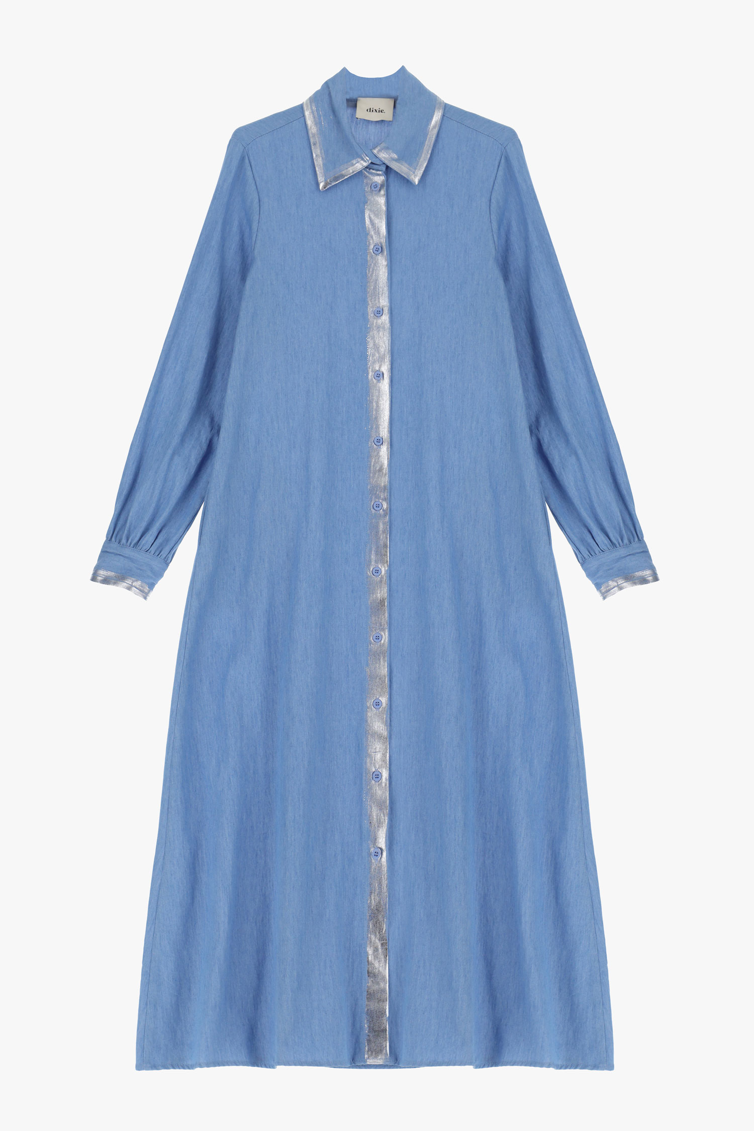Vestido largo vaquero de algodón con bordes de efecto metalizado