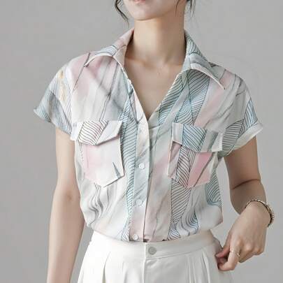 Camicie da donna francesi, camicie fluide casual da donna per l'estate con maniche corte, camicie stampate alla moda, camicie da donna modeste, adatte
