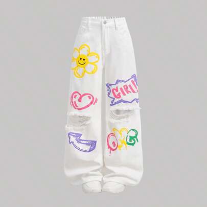 Jeans ampi da ragazza pre-adolescente con motivo a graffiti, effetto vissuto e strappi, con fiocco di neve, pantaloni dritti larghi e morbidi, carini