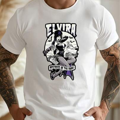 T-shirt da uomo con Elvira, Signora delle Tenebre, T-shirt con stampa alla moda, 220 g/m², per uomo, casual, scollo tondo, puro cotone, manica corta (