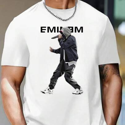 T-shirt da uomo con stampa Eminem, 220 g/m², casual, girocollo, in puro cotone, a maniche corte (1 pezzo)