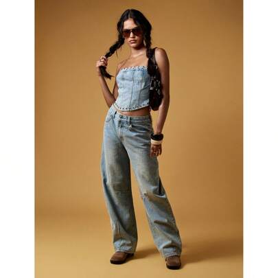 Top corset a fascia in denim con borchie, abbigliamento da festival e da club nello stile Y2K, retrò, urban, western e cowgirl, corto e senza spalline