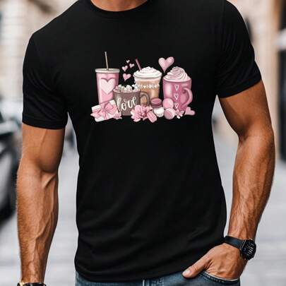 Maglietta nera con motivo "Love Drinks". T-shirt stampata alla moda, 220 g/m², da uomo, casual, scollo rotondo, puro cotone, maniche corte (1 pezzo)