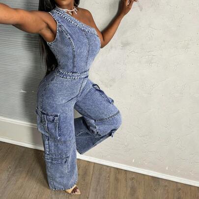 Salopette e tutine di jeans da donna, tutina sexy monospalla, tutina larga di jeans blu, pantaloni cargo da donna, tutine da donna, salopette di jeans
