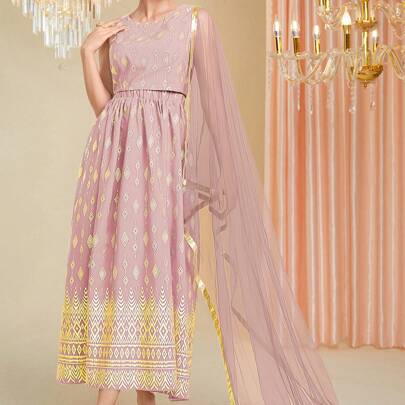 Top Kurta con inserti in rete e stampa in oro metallizzato per donna