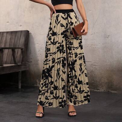 Pantaloni ampi e rilassati con stampa floreale e pences, pantaloni casual da vacanza