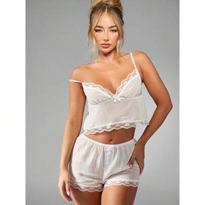 Set da notte delicato in due pezzi, con camicetta in chiffon e pizzo e shorts, lingerie, pigiama estivo da notte di comfort nuziale e per la luna di m
