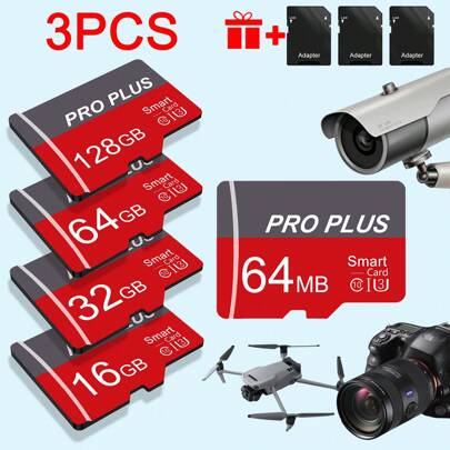 3 schede di memoria TF ad alta velocità, capacità effettiva Micro SD: 128 GB/64 GB/32 GB/16 GB/8 GB/4 GB/2 GB/1 GB/512 MB/256 MB/128 MB/64 MB | Con ad