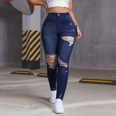 Jeans skinny premium in denim lavato elasticizzato, jeans strappati da donna, moda minimalista casual per uso quotidiano