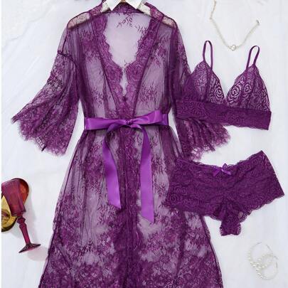 Set di pigiami sexy da donna, con design seducente e in pizzo, scollo a V profondo e in tessuto trasparente