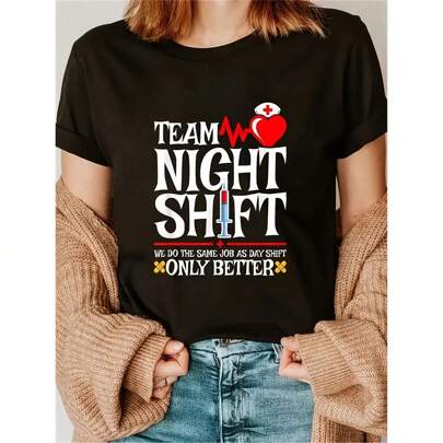 Maglietta da donna per infermiere del turno di notte - Maglietta con motivo "Night Shift Team" con disegno dello stetoscopio e del cuore, Top leisure