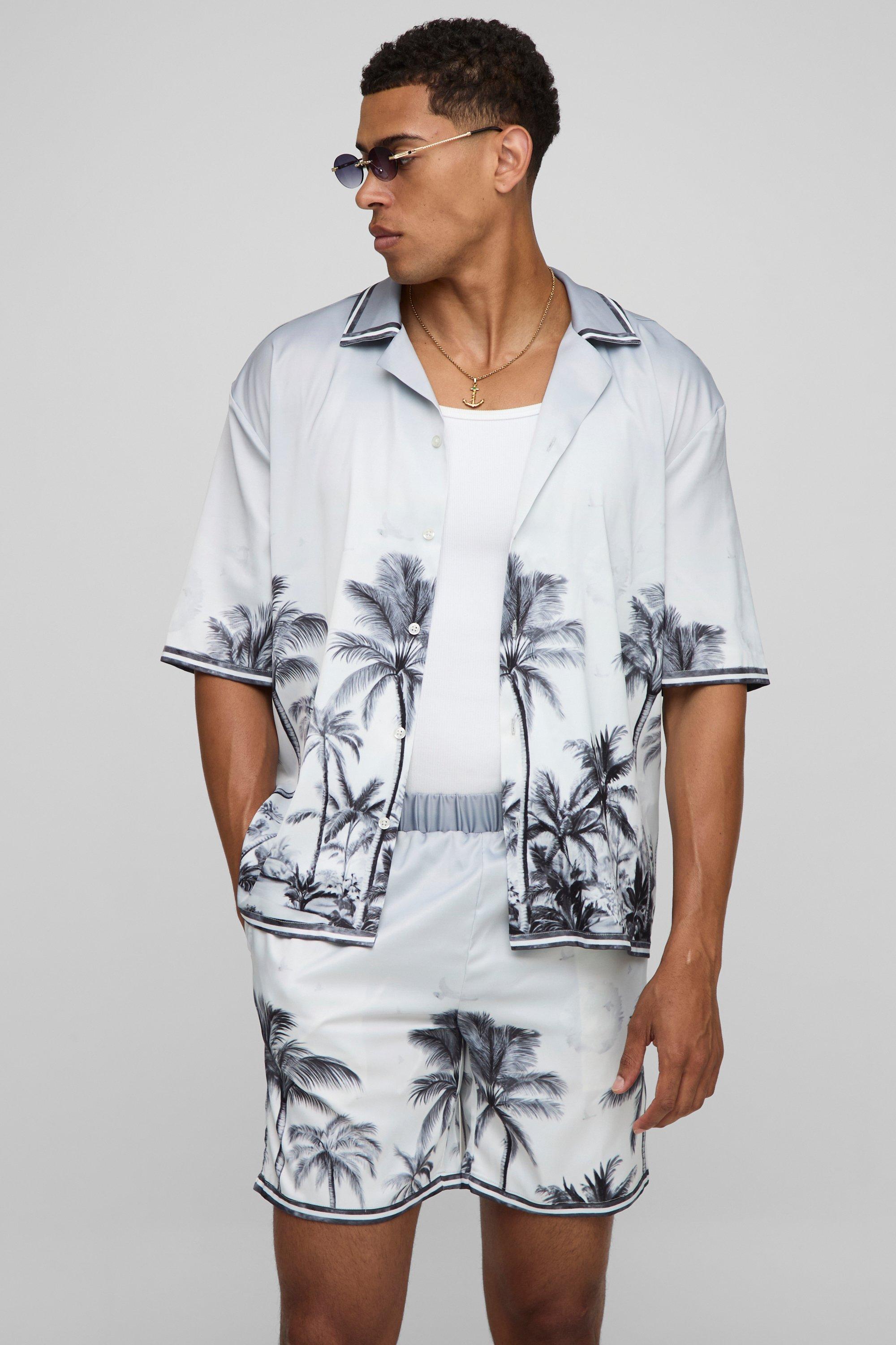 Oversized Palm Print Satin Shirt and Short Set, Grigio