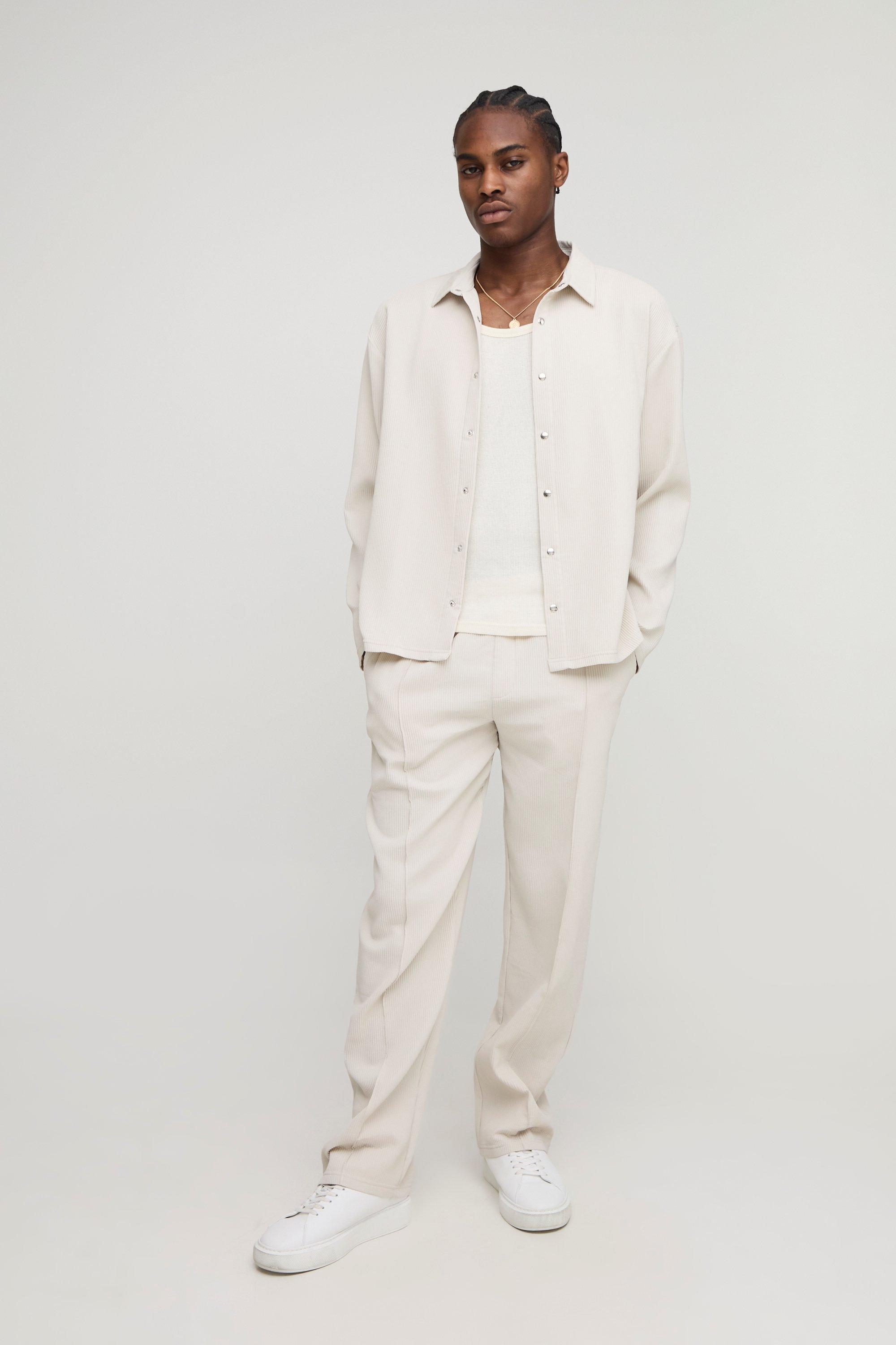 Oversized Pleated Overshirt & Trouser Set, Beige