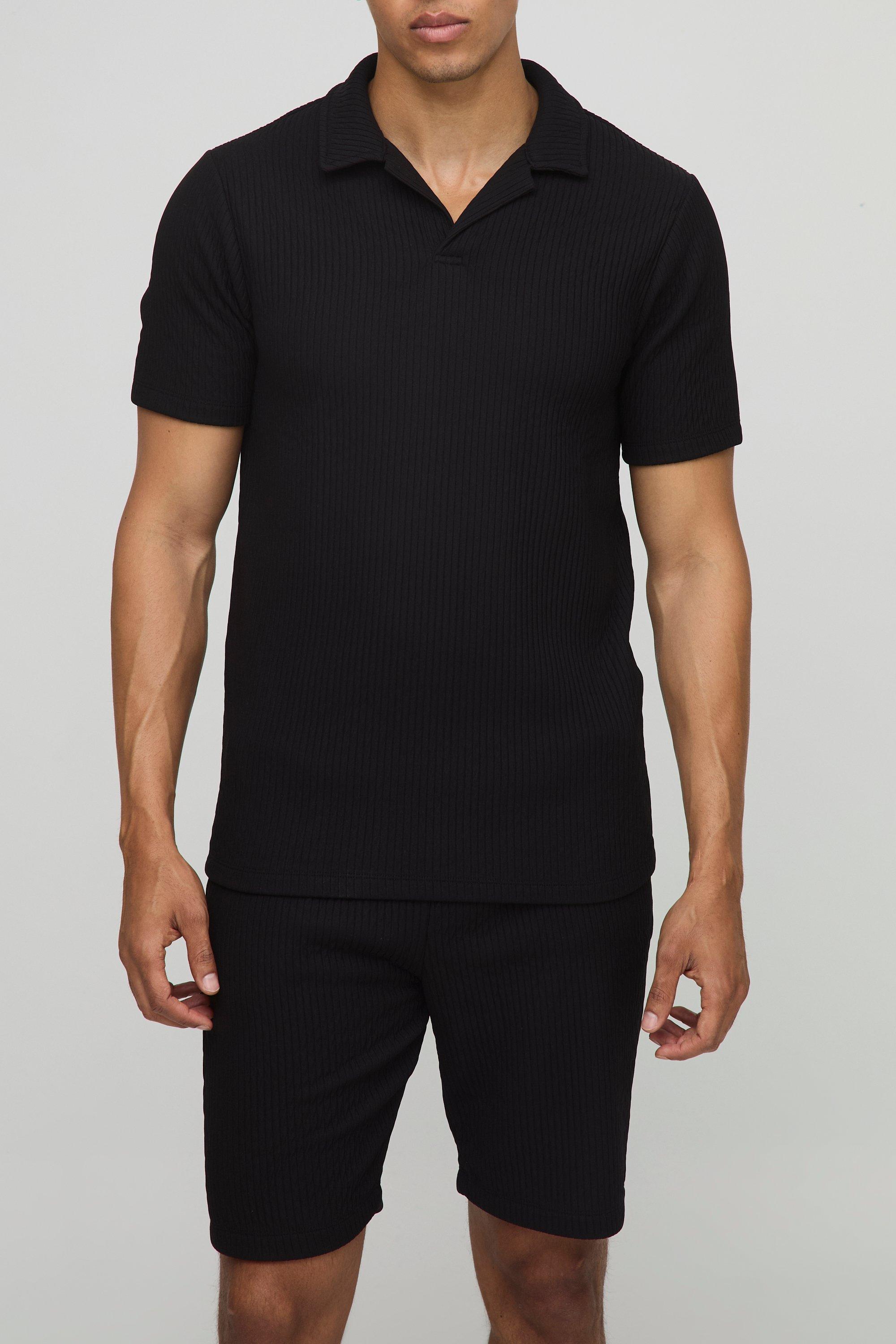 Slim Fit Textured Rib Revere Polo & Shorts Set, Nero