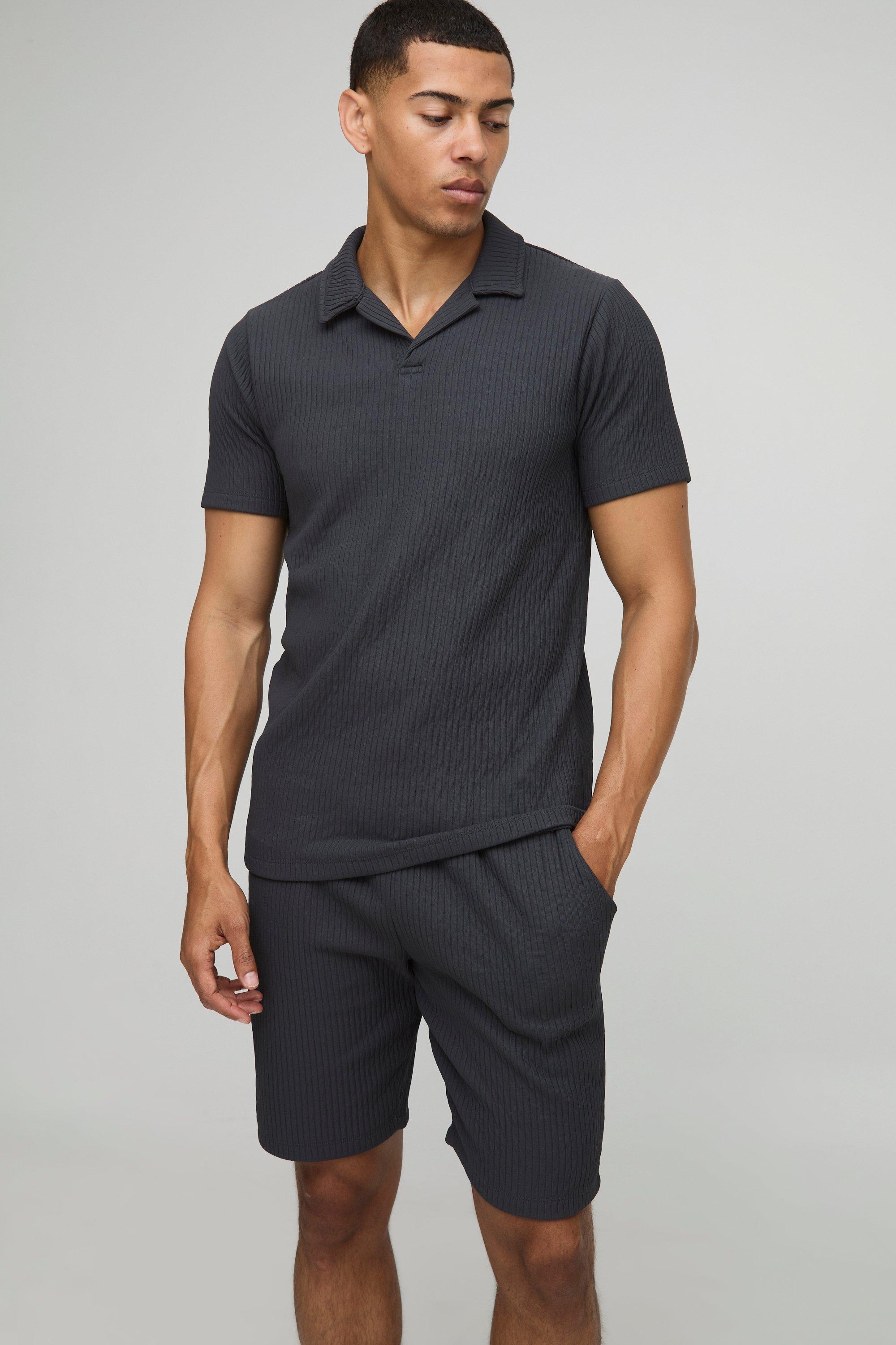 Slim Fit Textured Rib Revere Polo & Shorts Set, Grigio