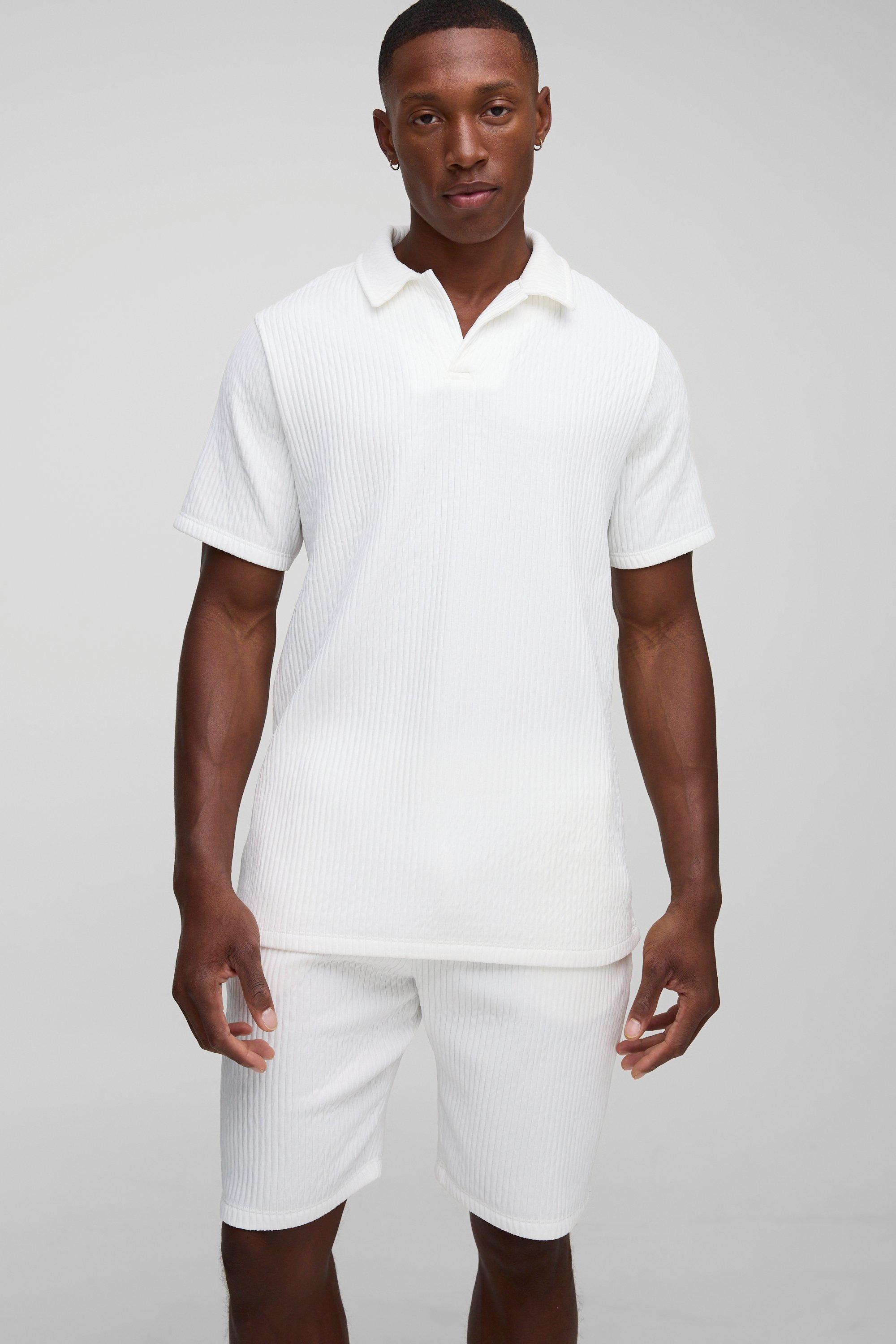 Slim Fit Textured Rib Revere Polo & Shorts Set, Bianco