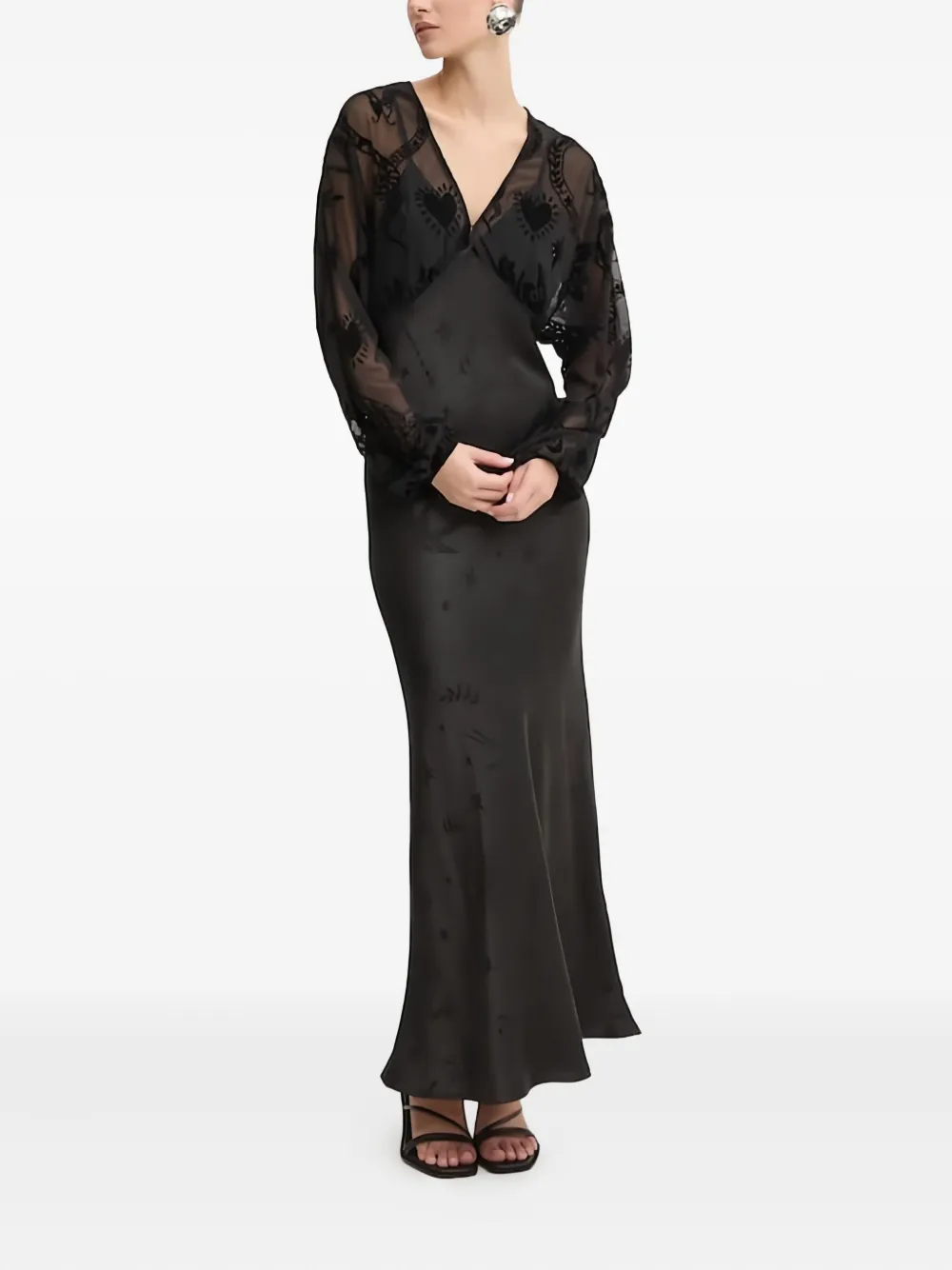 NEVER FULLY DRESSED velvet-embellished sheer-paneled maxi evening dress - Nero