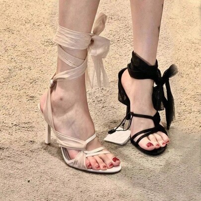 Sandali con tacco alto, eleganti, aperti, con cinturino incrociato in rete, stiletto, stiletto sexy, color carne, da donna