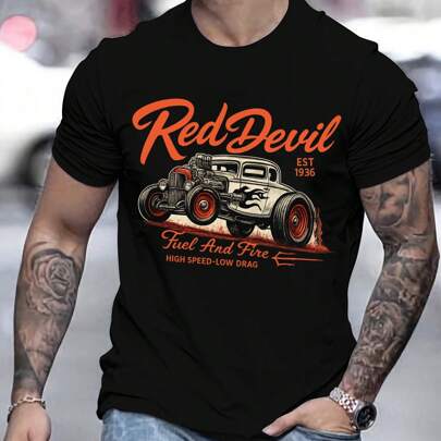 T-shirt da uomo con grafica Red Devil Hot Rod Car, 1 pezzo, t-shirt casual in cotone pesante con scollo rotondo da 460 g/m²