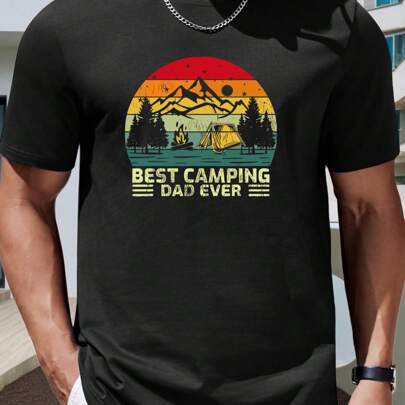 Maglietta a maniche corte con motivo "Best Camping Dad". T-shirt con stampa alla moda, 220 g/m², da uomo, casual, scollo rotondo, puro cotone, maniche