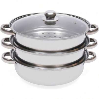 [SENDERPICK]HuKaiL pentola a vapore a 3 strati in acciaio inossidabile 28 cm, pentola a vapore con coperchio in vetro, pentola Manty lavabile in lavas