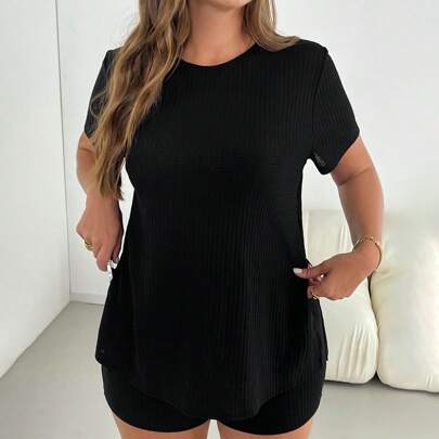 Set da donna estivo taglie forti in due pezzi, set a maniche corte, set maglia elasticizzata e comoda, completo nero estivo, set estivo da donna, set