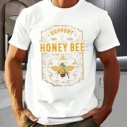 Maglietta a maniche corte con motivo "Support Local Honey Bee". T-shirt con stampa alla moda, 220 g/m², da uomo, casual, scollo rotondo, puro cotone,
