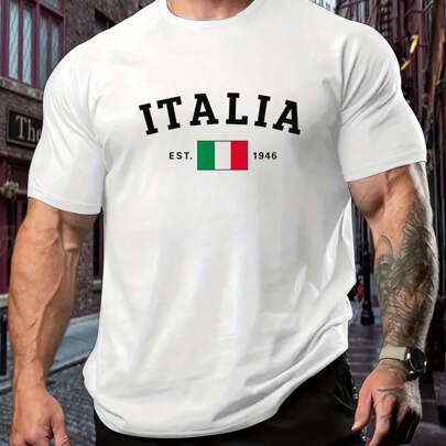 T-shirt da uomo nera taglia comoda con motivo Italia, scollo rotondo, 220 g/m², estiva, in puro cotone, maniche corte (1 pezzo)
