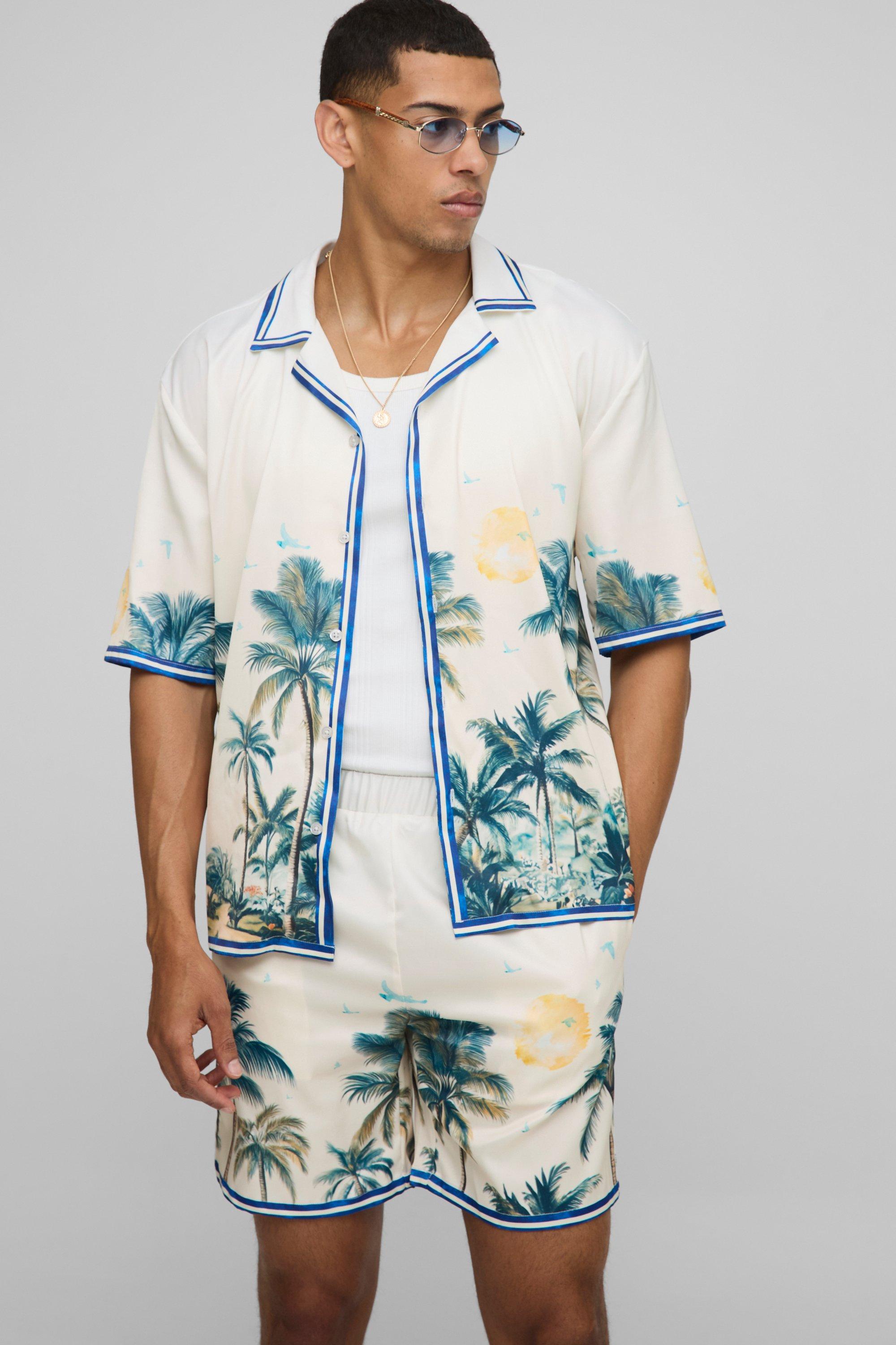 Oversized Palm Print Satin Shirt and Short Set, Giallo