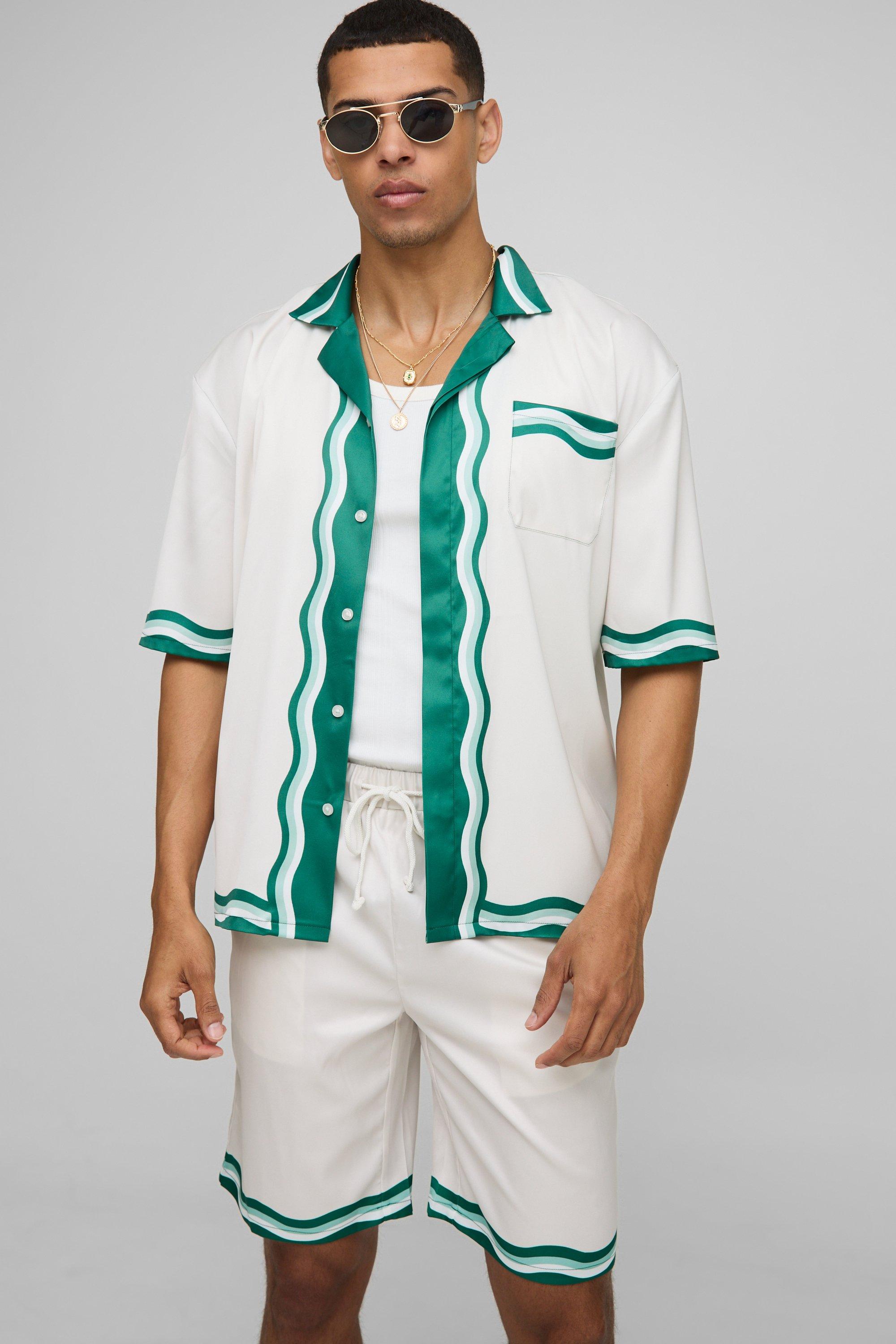 Oversized Print Satin Shirt and Short Set, Verde