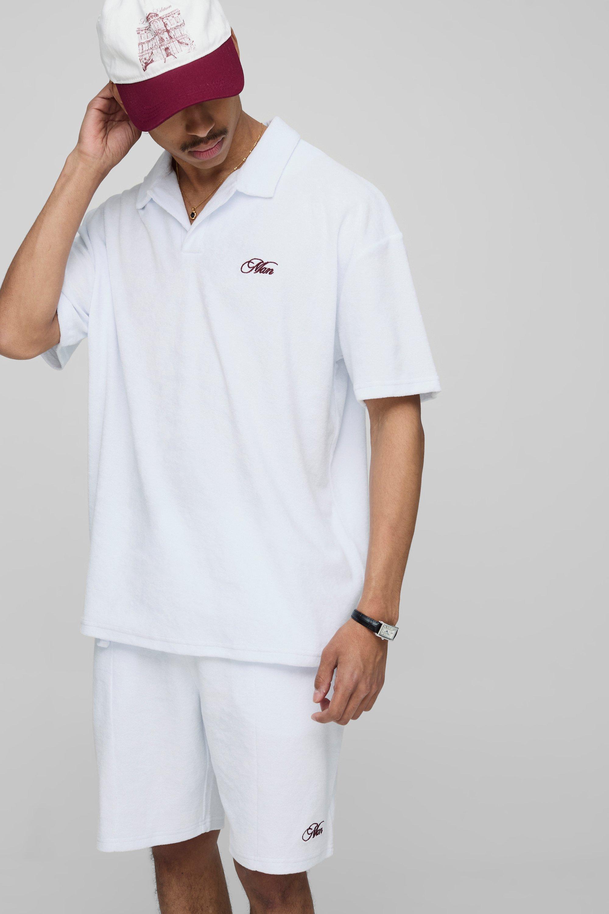White Oversized Embroidered Towelling Revere Polo & Short Set, Bianco