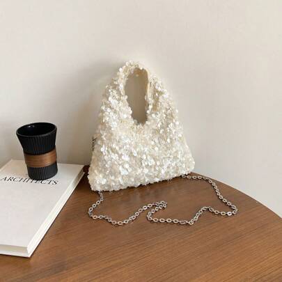 1 pezzo Elegante borsetta da sera minimalista in crema bianca con paillettes e glitter, adatta per appuntamenti, balli, banchetti, feste